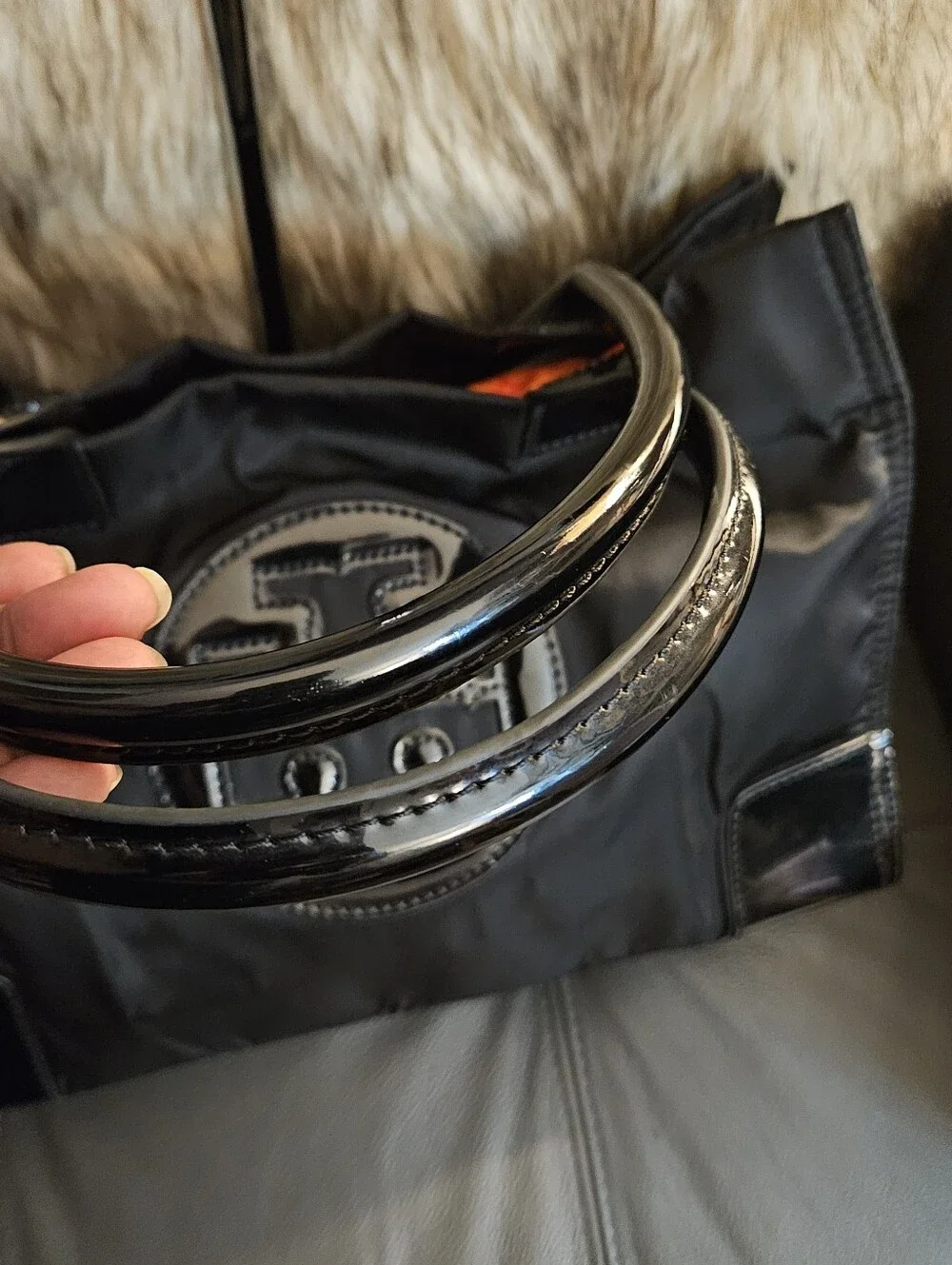 Tory Burch Black Nylon Tote with Patent Trim